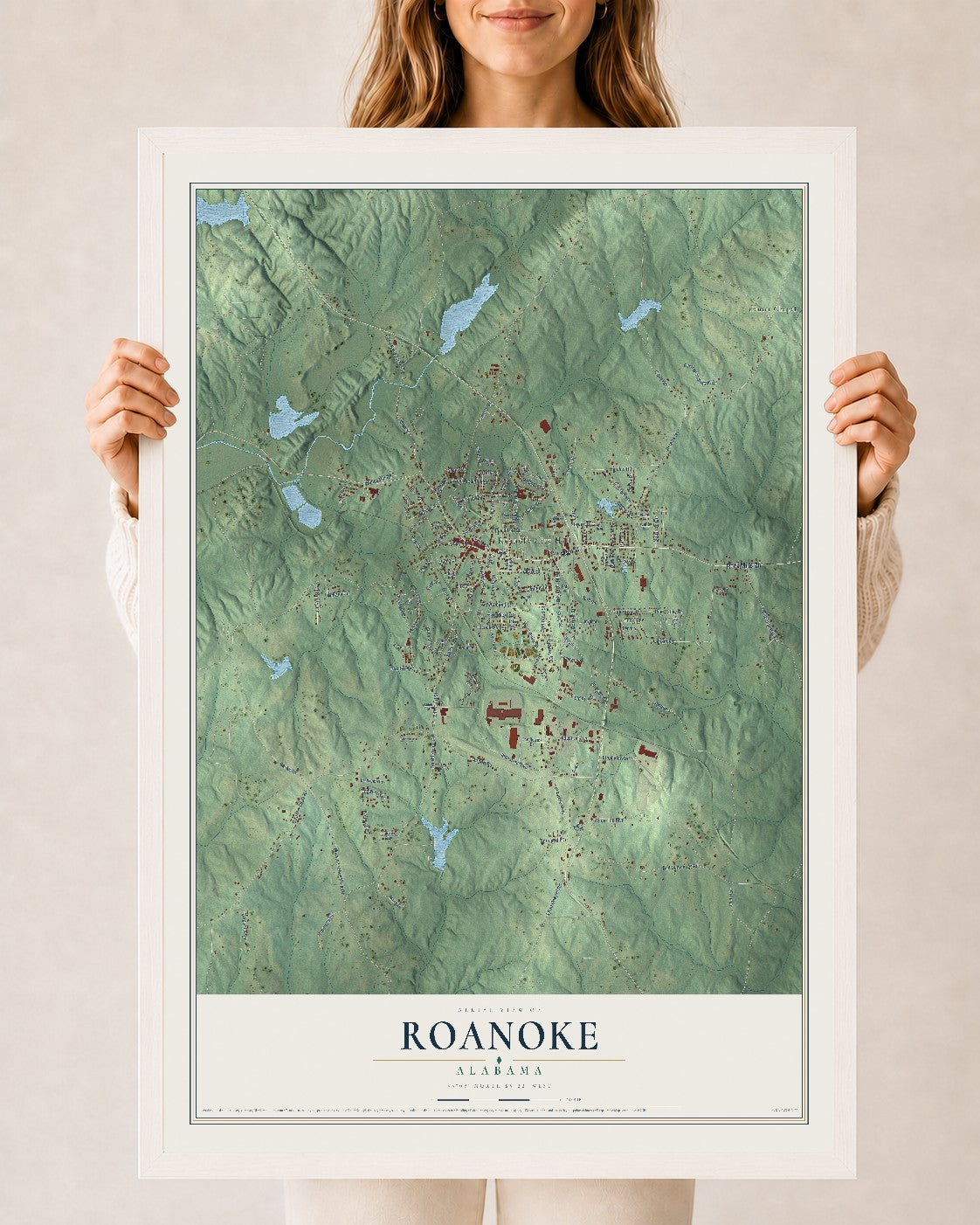 Map of Roanoke, Alabama, 24 x 36 inch print in a white wood frame