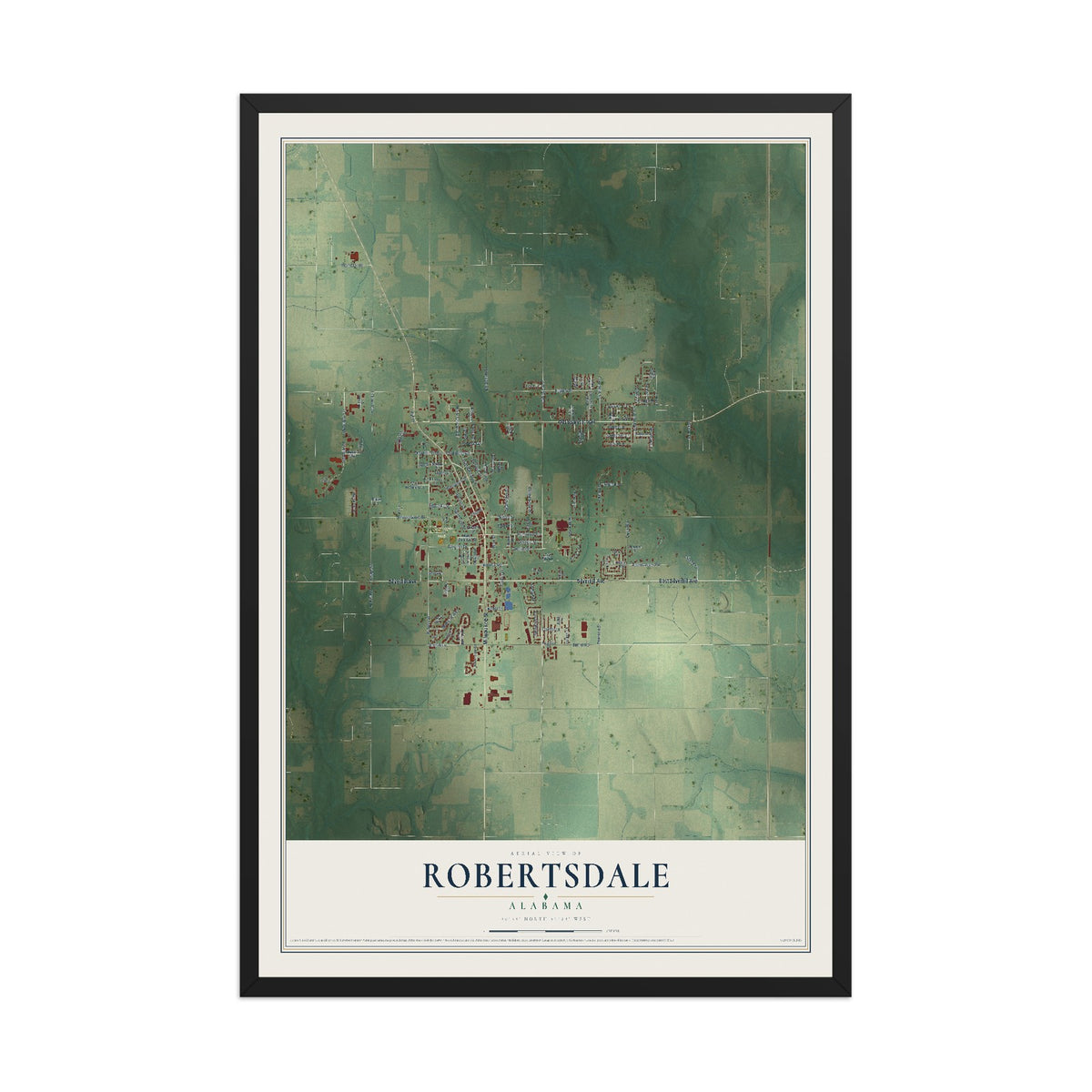Map of Robertsdale, Alabama, 12 x 18 inch print in a black wood frame