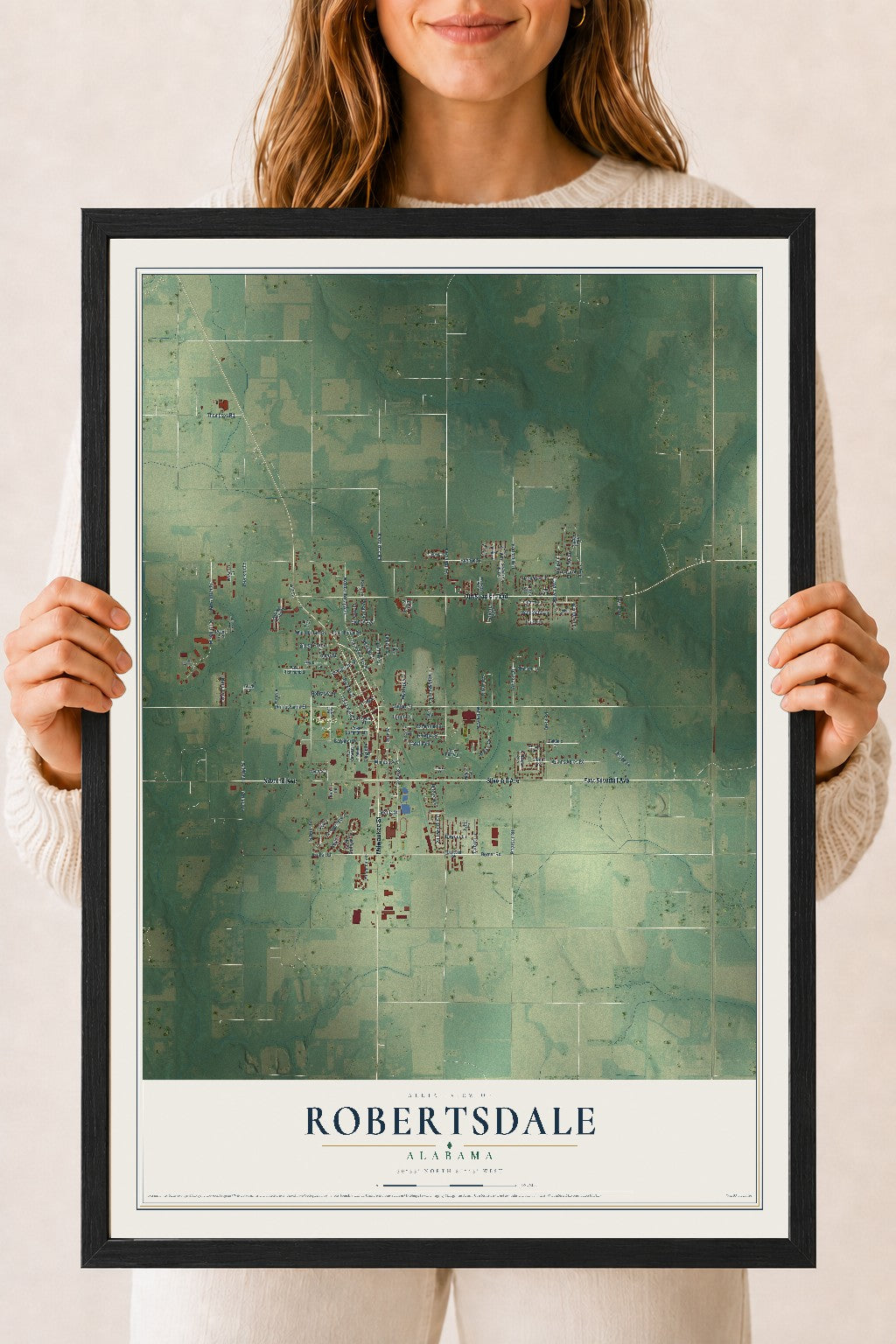 Map of Robertsdale, Alabama, 18 x 24 inch print in a black wood frame