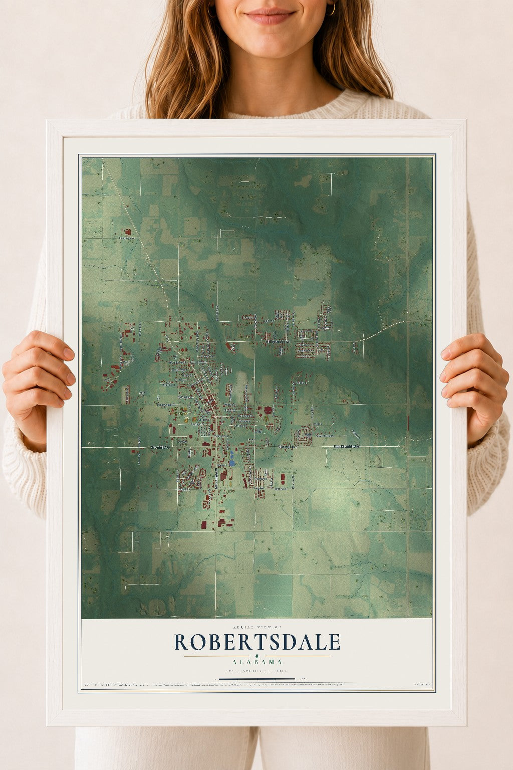 Map of Robertsdale, Alabama, 18 x 24 inch print in a white wood frame