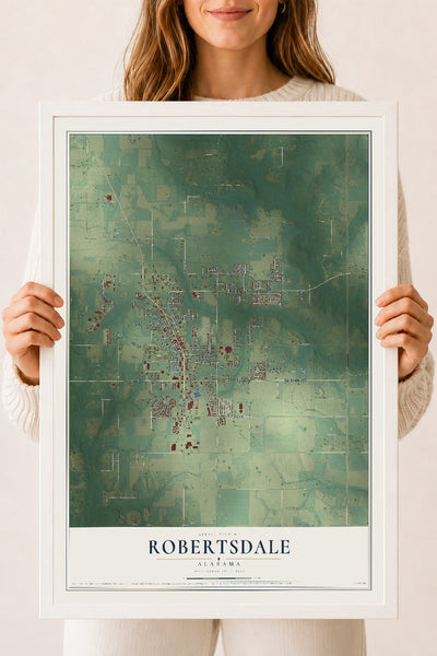 Map of Robertsdale, Alabama, 18 x 24 inch print in a white wood frame