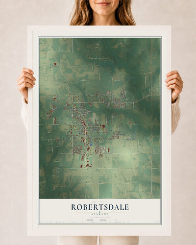 Map of Robertsdale, Alabama, 24 x 36 inch print in a white wood frame
