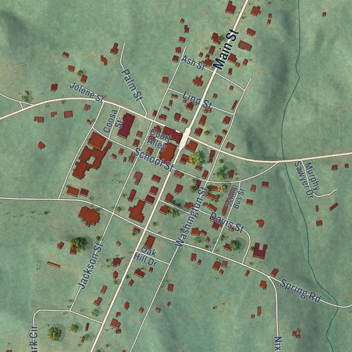Close-up of the map of Rockford, Alabama print showing street and building detail