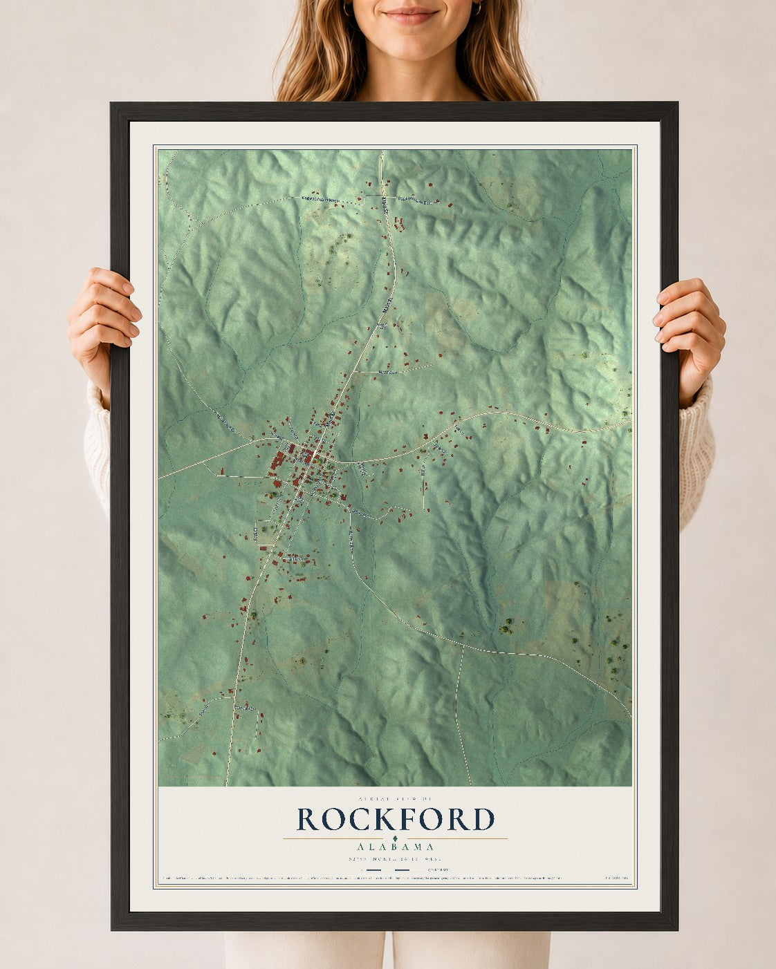 Map of Rockford, Alabama, 24 x 36 inch print in a black wood frame