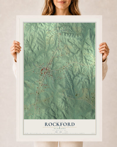 Map of Rockford, Alabama, 24 x 36 inch print in a white wood frame