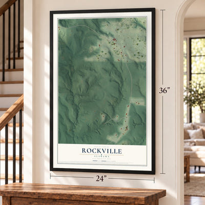 Rockville, Alabama map, 24 x 36 inch print in a black frame by a staircase