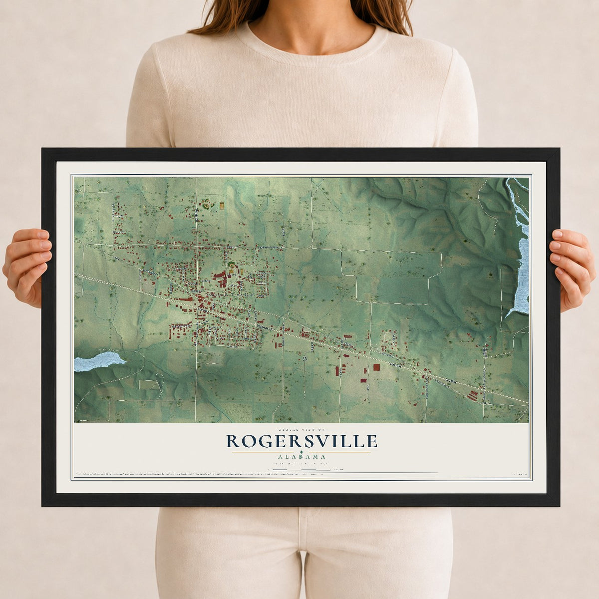 Map of Rogersville, Alabama, 12 x 18 inch print in a black wood frame