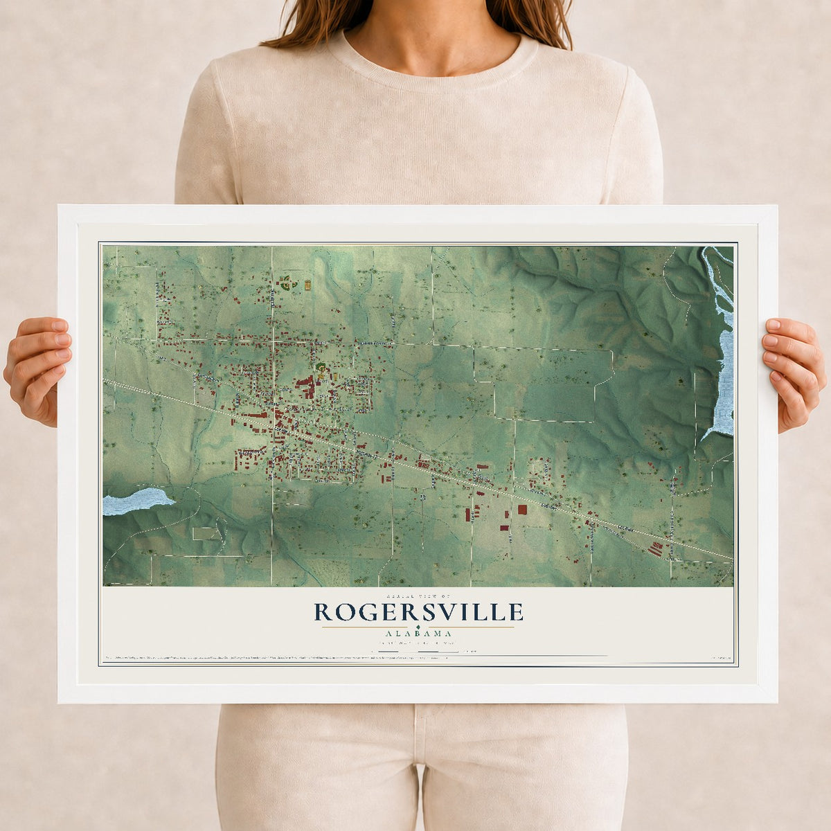 Map of Rogersville, Alabama, 12 x 18 inch print in a white wood frame