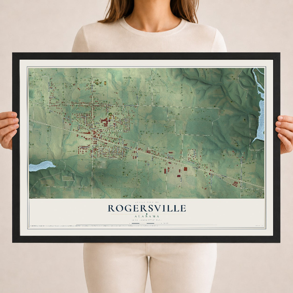 Map of Rogersville, Alabama, 18 x 24 inch print in a black wood frame