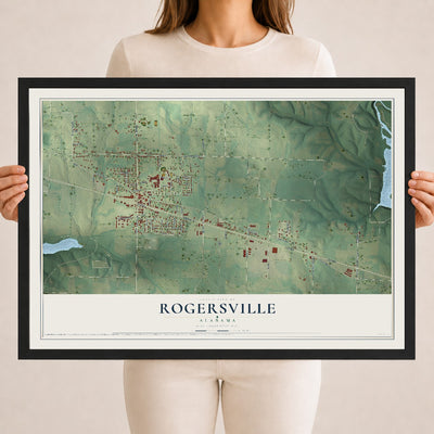 Map of Rogersville, Alabama, 18 x 24 inch print in a black wood frame