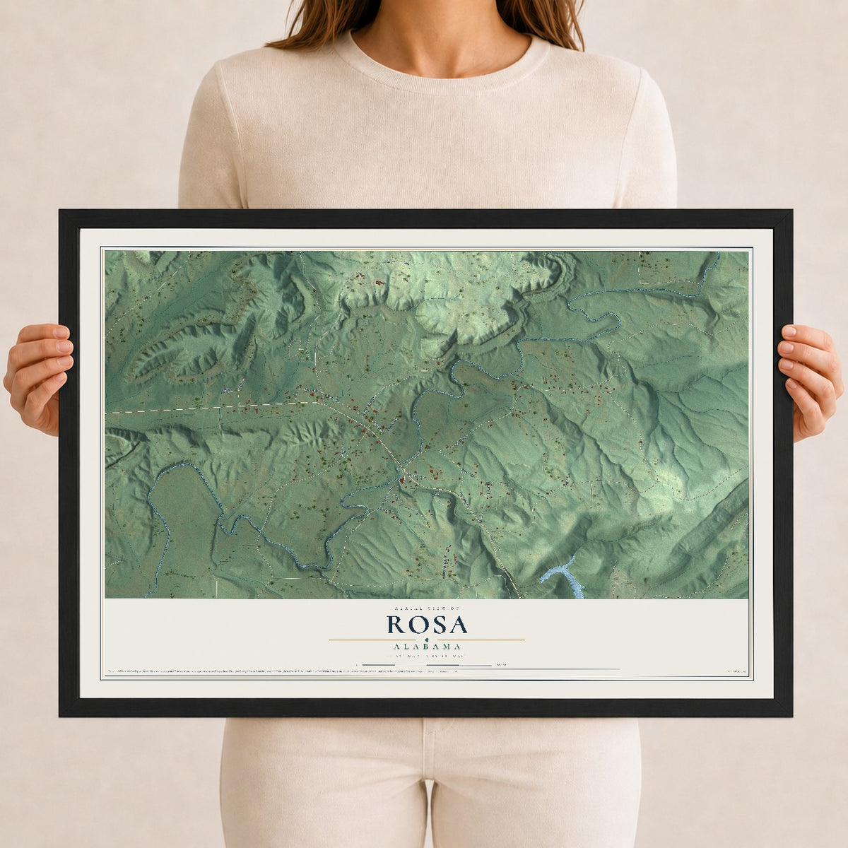 Map of Rosa, Alabama, 12 x 18 inch print in a black wood frame