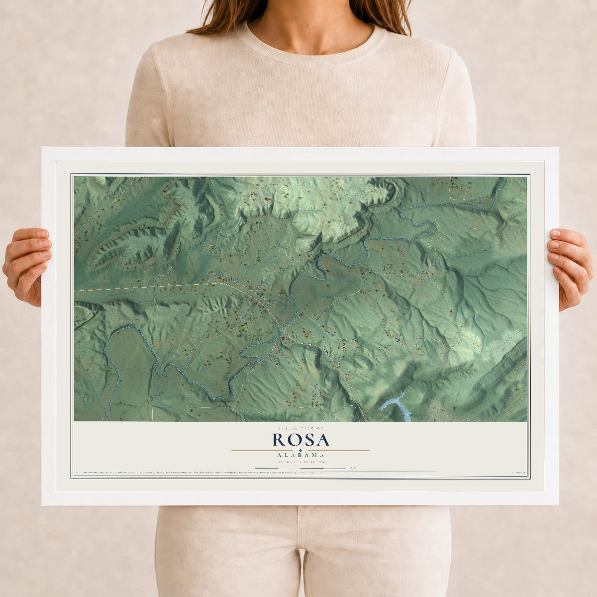Map of Rosa, Alabama, 12 x 18 inch print in a white wood frame