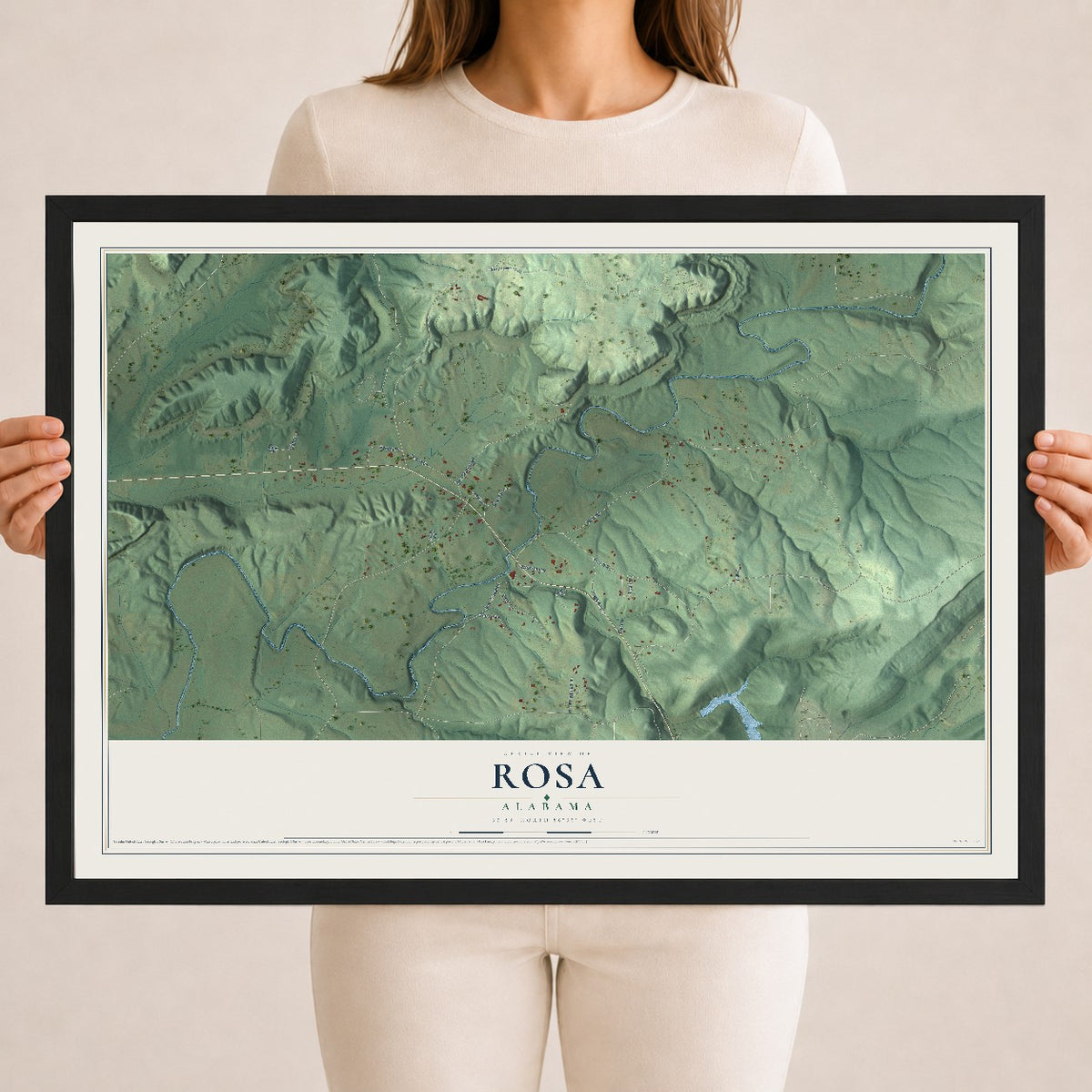 Map of Rosa, Alabama, 18 x 24 inch print in a black wood frame