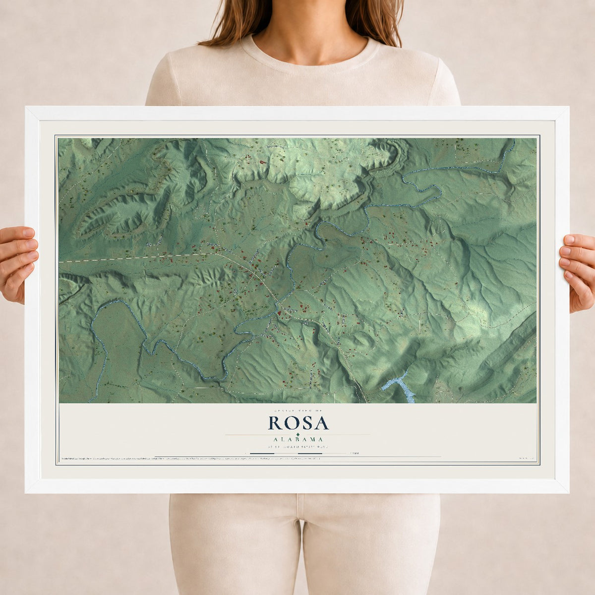 Map of Rosa, Alabama, 18 x 24 inch print in a white wood frame