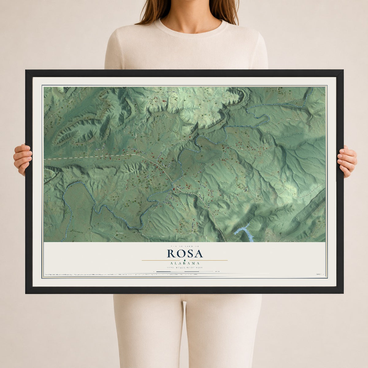 Map of Rosa, Alabama, 24 x 36 inch print in a black wood frame