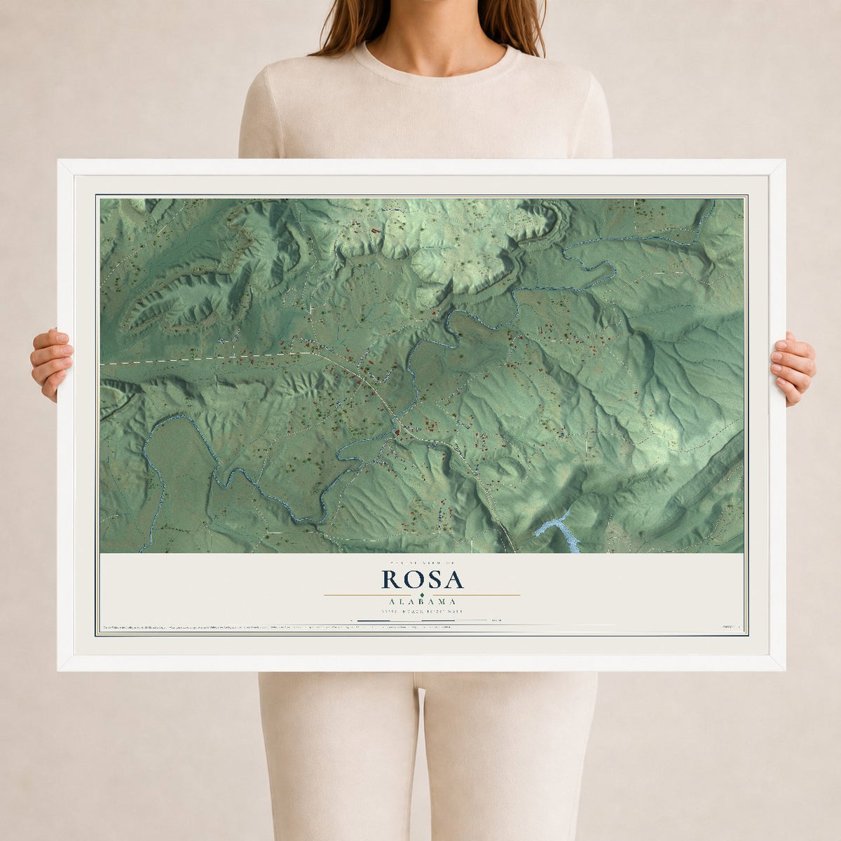Map of Rosa, Alabama, 24 x 36 inch print in a white wood frame