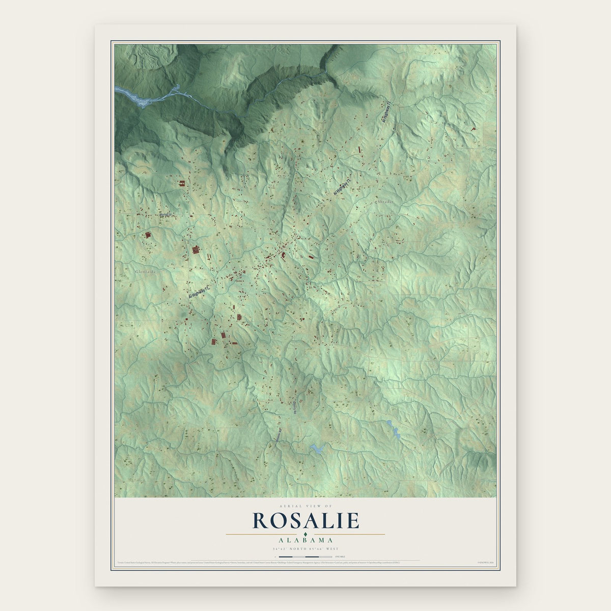 Rosalie, Alabama map print, the full design