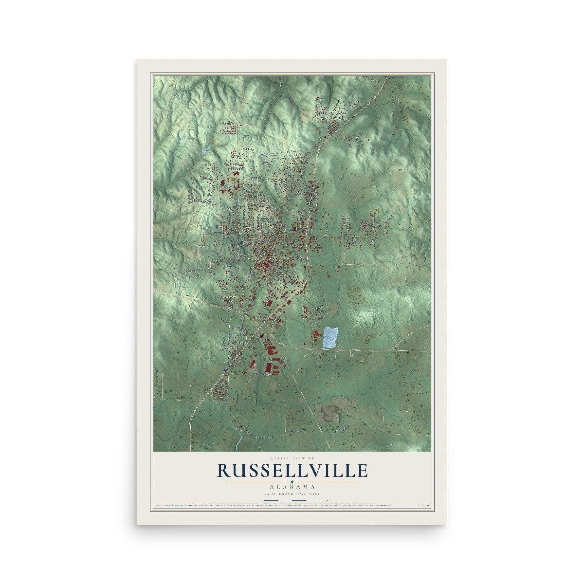 Map of Russellville, Alabama, 12 x 18 inch unframed archival matte print