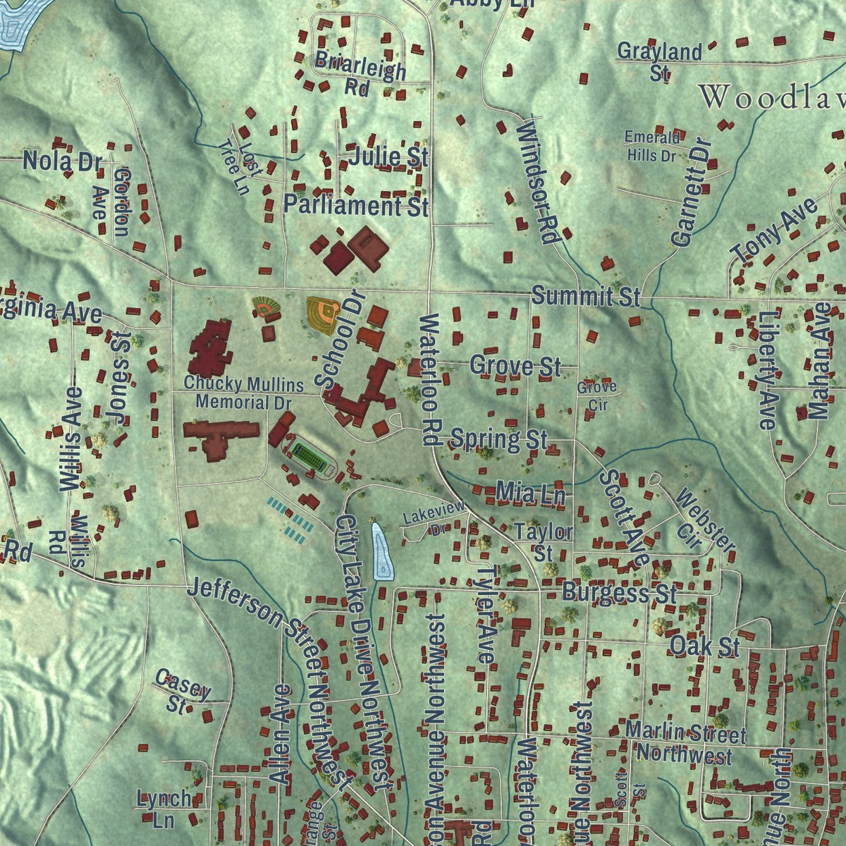 Close-up of the map of Russellville, Alabama print showing street and building detail
