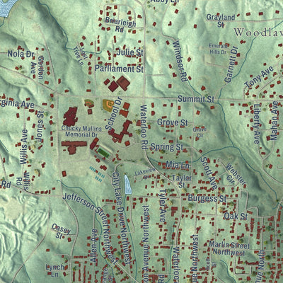 Close-up of the map of Russellville, Alabama print showing street and building detail