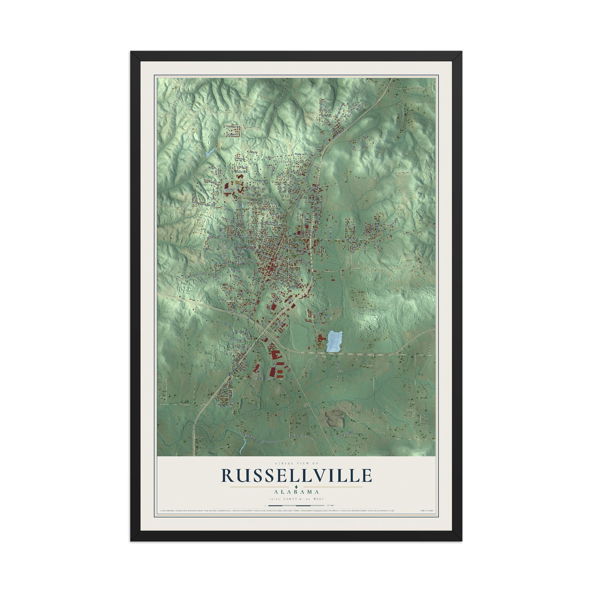 Map of Russellville, Alabama, 12 x 18 inch print in a black wood frame