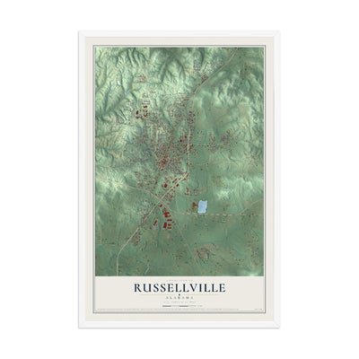 Map of Russellville, Alabama, 12 x 18 inch print in a white wood frame