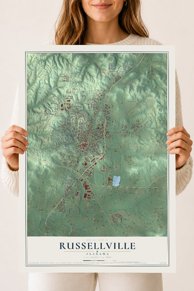 Map of Russellville, Alabama, 18 x 24 inch unframed archival matte print