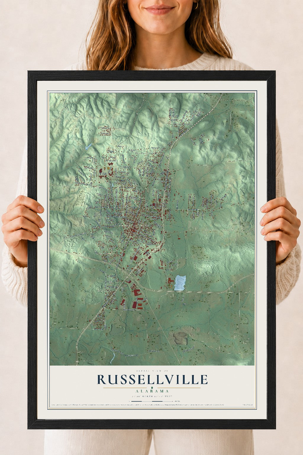 Map of Russellville, Alabama, 18 x 24 inch print in a black wood frame