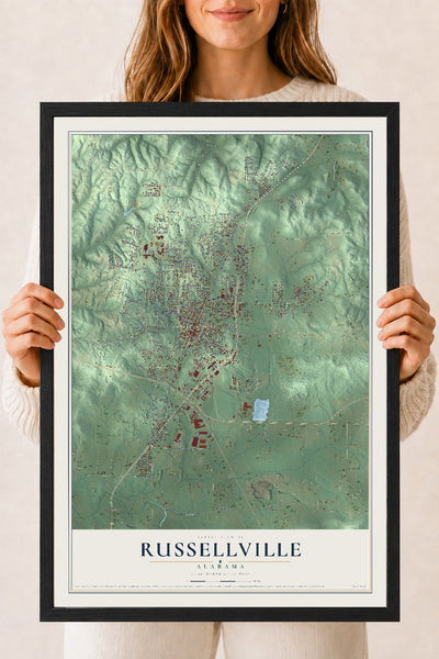 Map of Russellville, Alabama, 18 x 24 inch print in a black wood frame