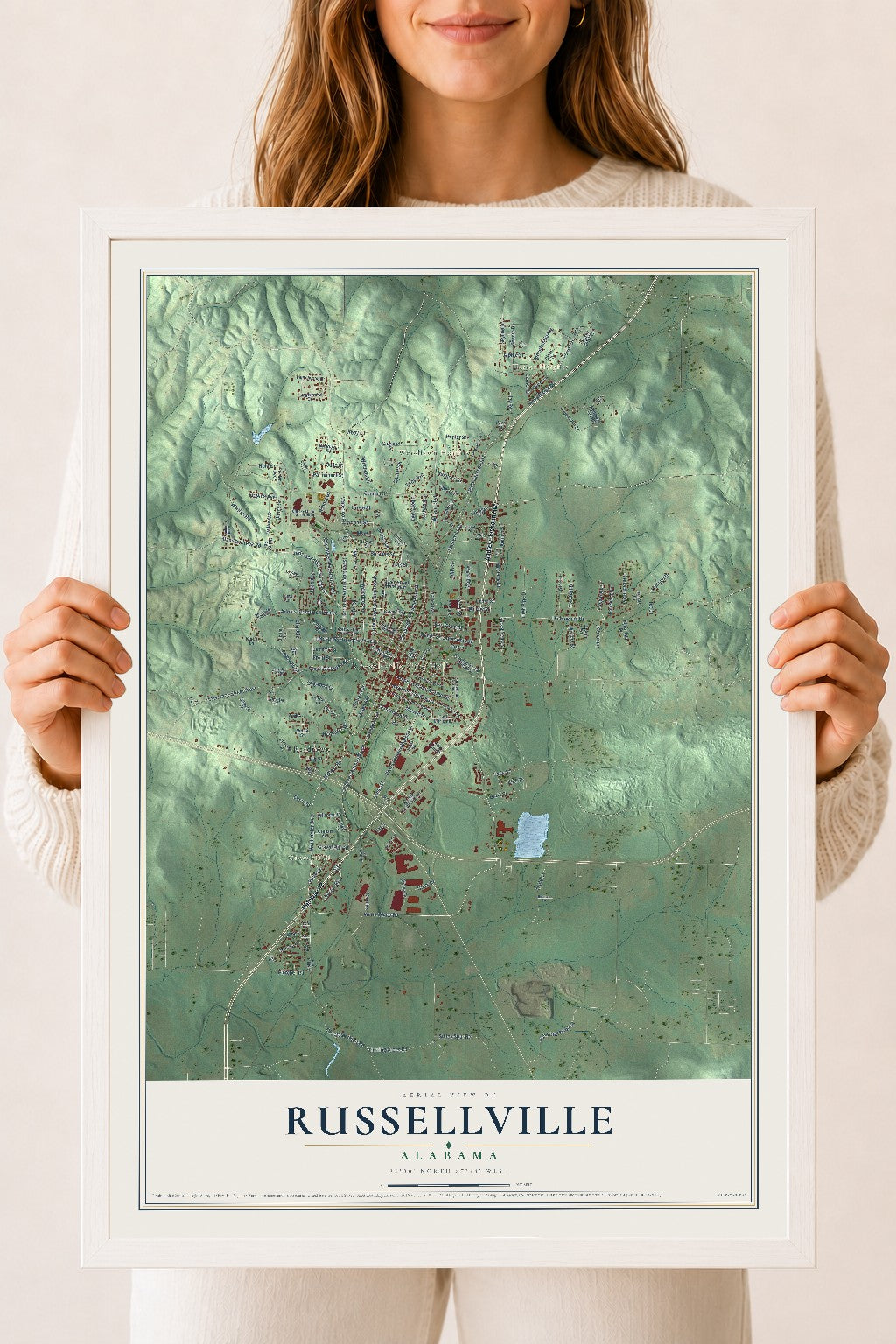 Map of Russellville, Alabama, 18 x 24 inch print in a white wood frame