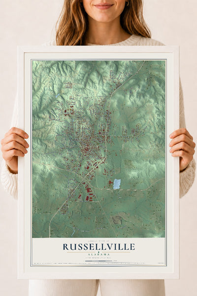 Map of Russellville, Alabama, 18 x 24 inch print in a white wood frame