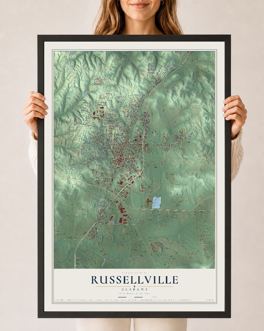 Map of Russellville, Alabama, 24 x 36 inch print in a black wood frame