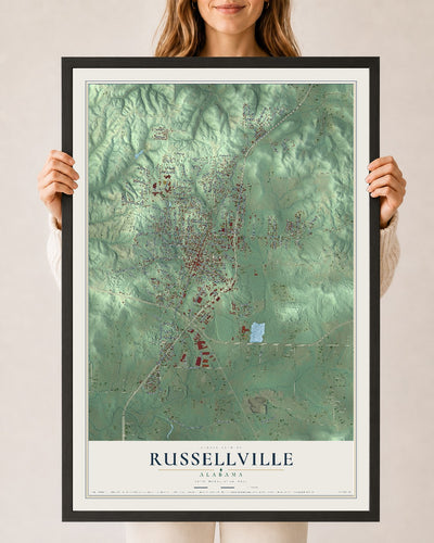 Map of Russellville, Alabama, 24 x 36 inch print in a black wood frame