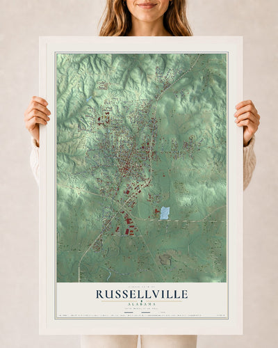 Map of Russellville, Alabama, 24 x 36 inch print in a white wood frame