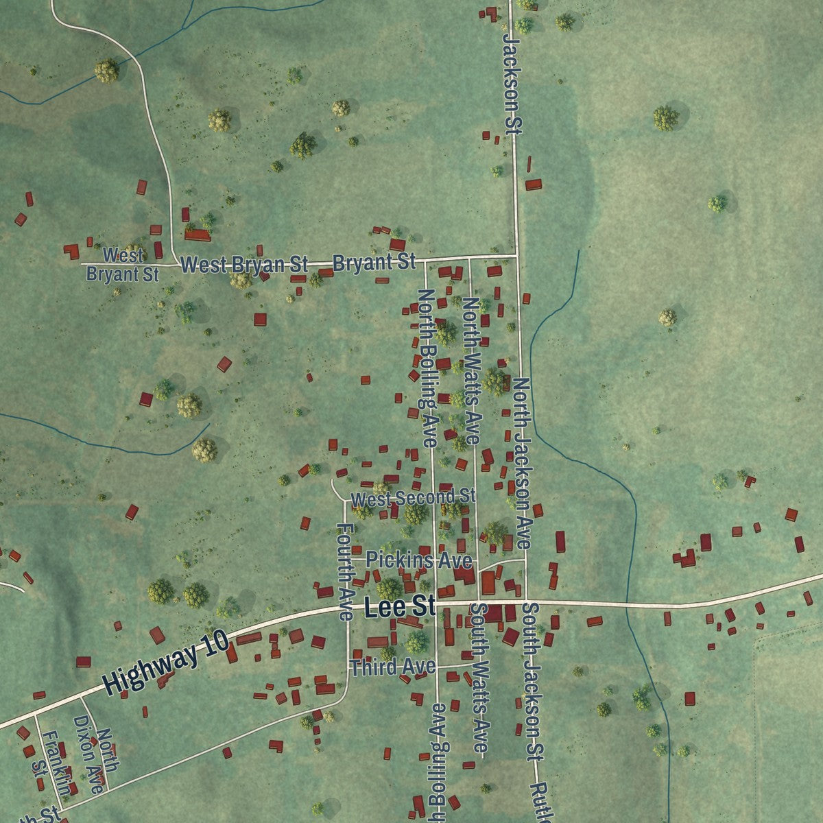 Close-up of the map of Rutledge, Alabama print showing street and building detail