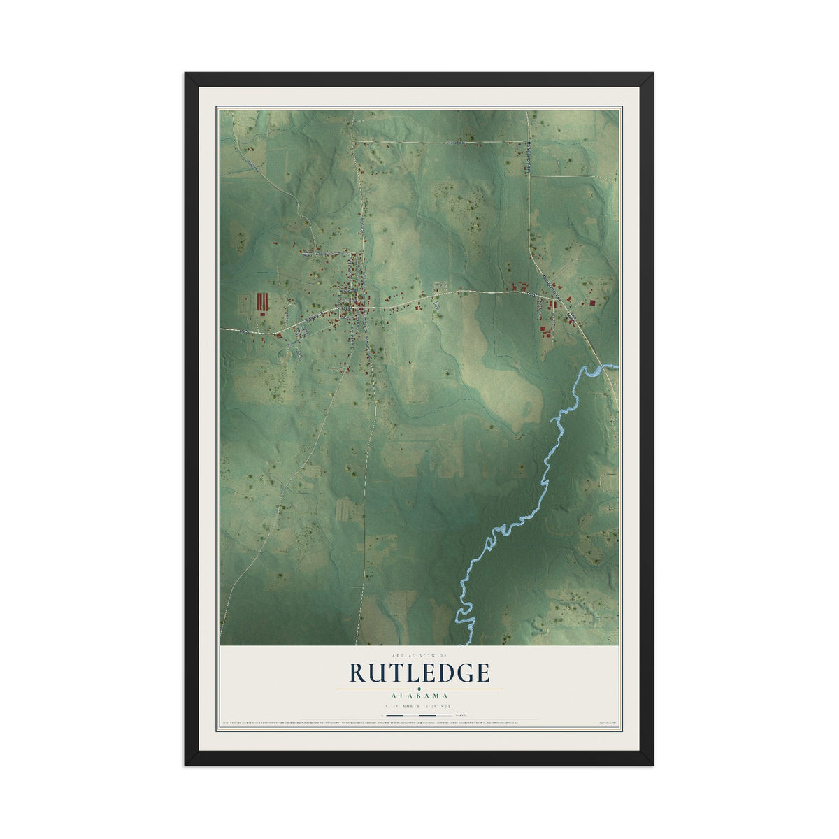 Map of Rutledge, Alabama, 12 x 18 inch print in a black wood frame