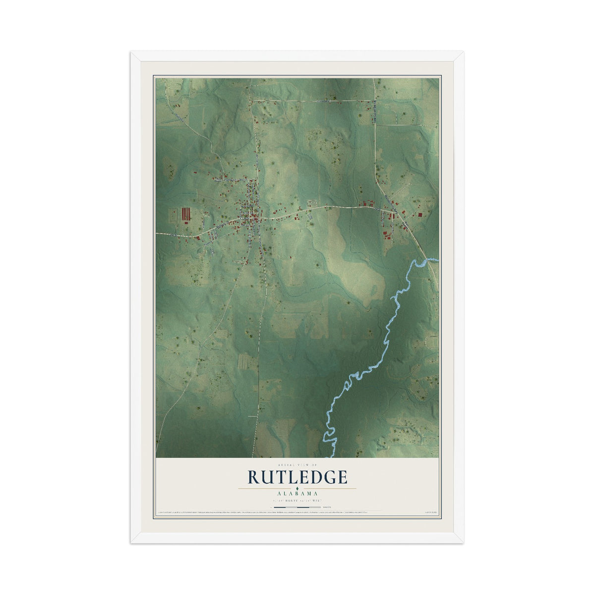 Map of Rutledge, Alabama, 12 x 18 inch print in a white wood frame