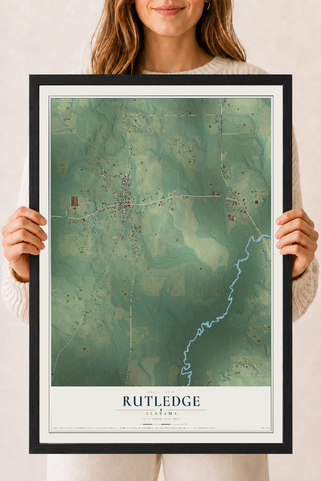 Map of Rutledge, Alabama, 18 x 24 inch print in a black wood frame