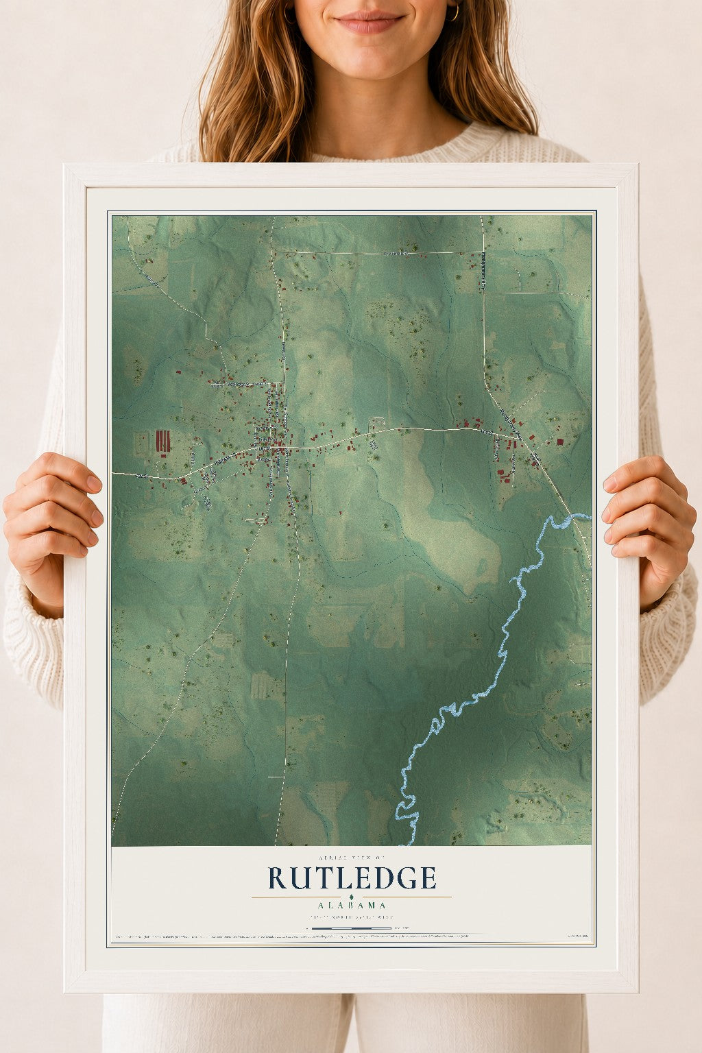 Map of Rutledge, Alabama, 18 x 24 inch print in a white wood frame