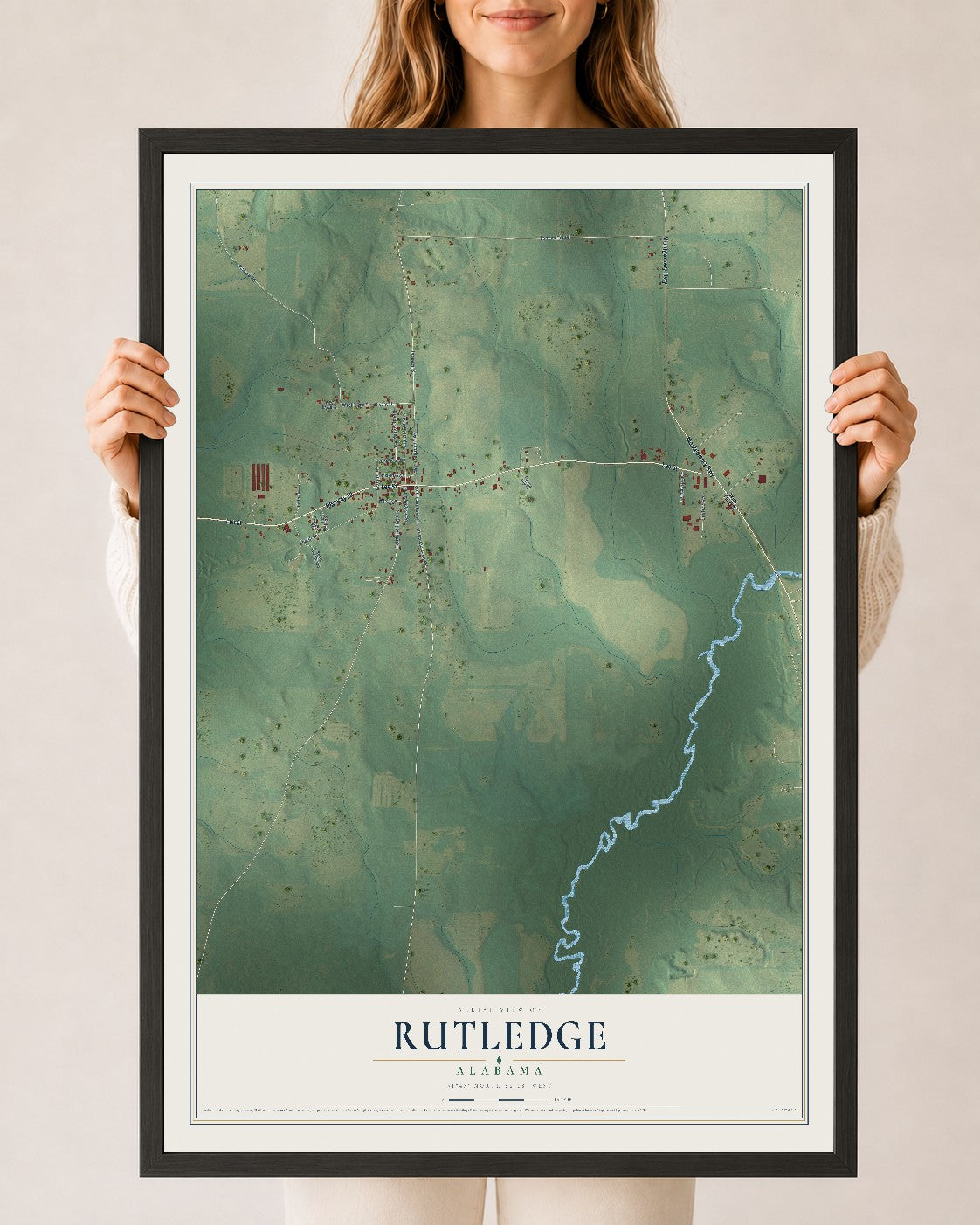 Map of Rutledge, Alabama, 24 x 36 inch print in a black wood frame