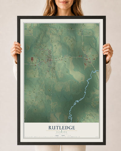 Map of Rutledge, Alabama, 24 x 36 inch print in a black wood frame