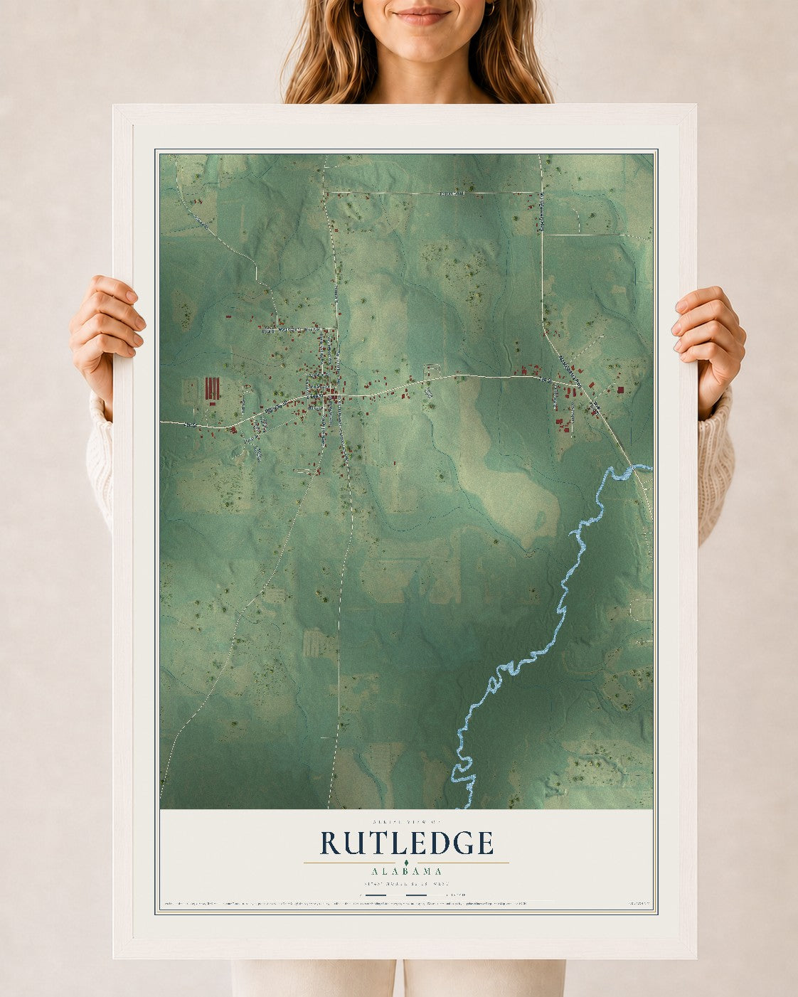 Map of Rutledge, Alabama, 24 x 36 inch print in a white wood frame