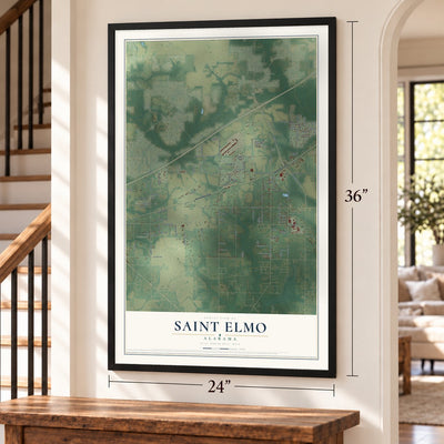 Saint Elmo, Alabama map, 24 x 36 inch print in a black frame by a staircase