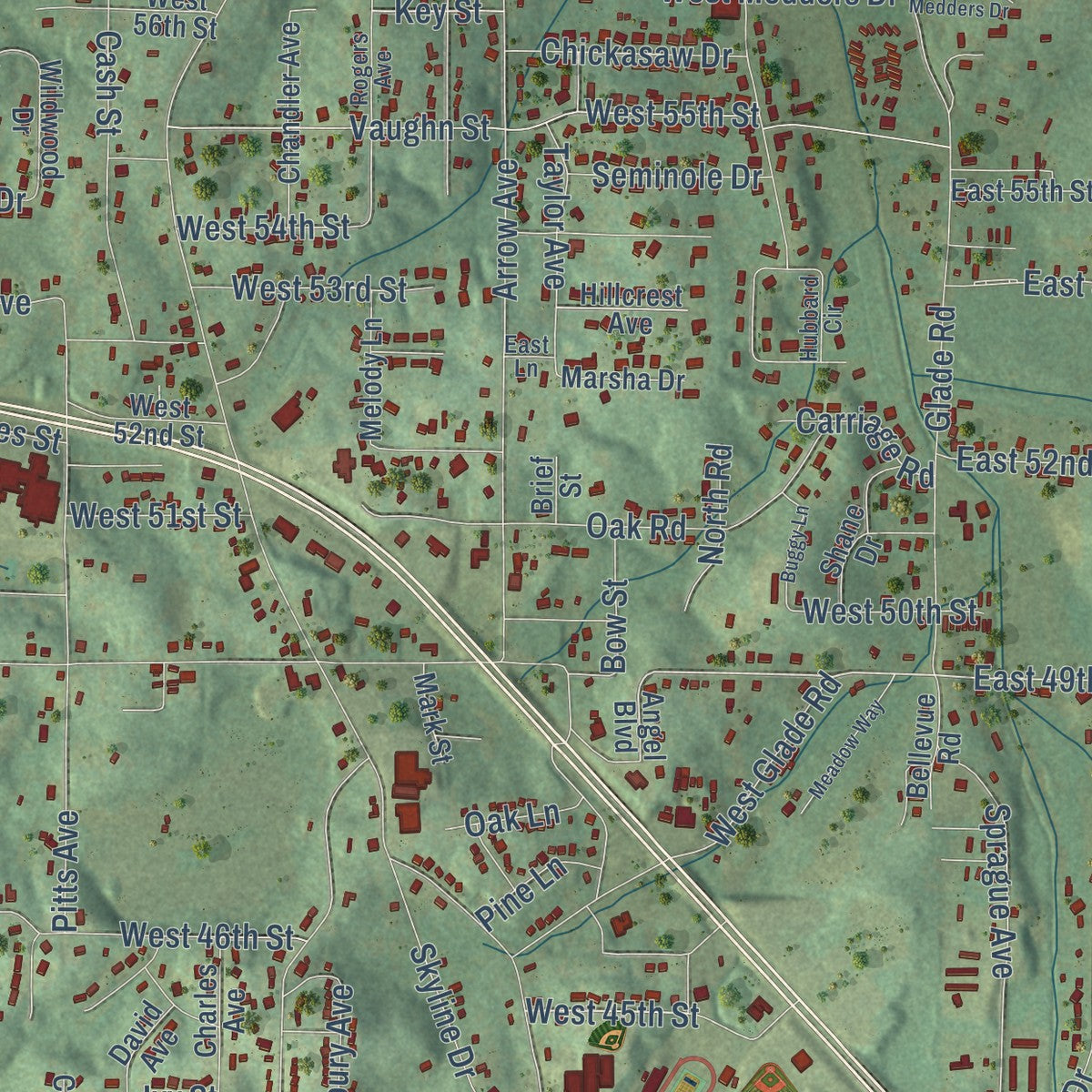 Close-up of the map of Saks, Alabama print showing street and building detail