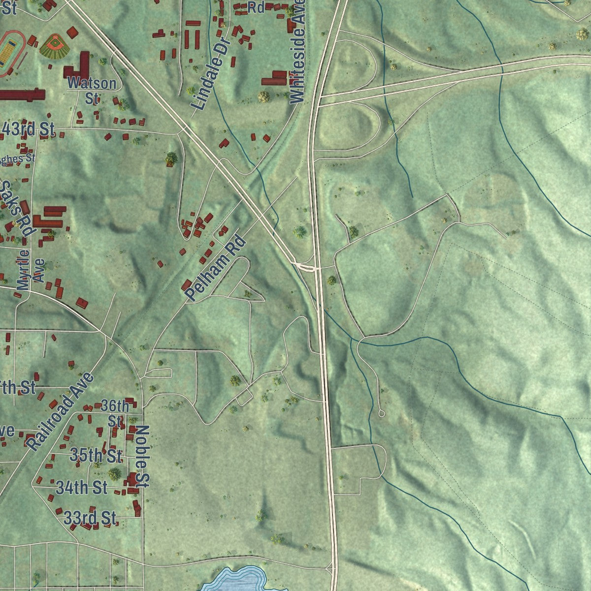 Second close-up of the map of Saks, Alabama print showing more streets and buildings