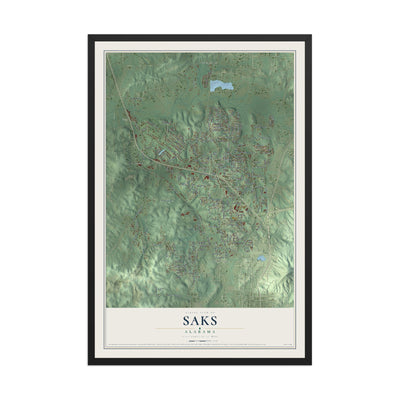 Map of Saks, Alabama, 12 x 18 inch print in a black wood frame