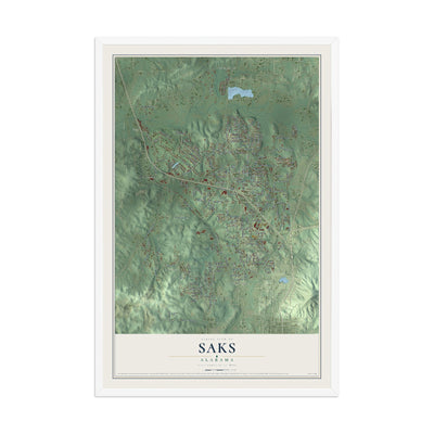 Map of Saks, Alabama, 12 x 18 inch print in a white wood frame