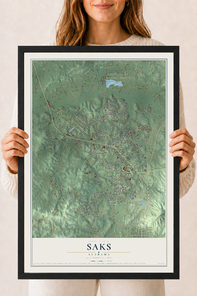 Map of Saks, Alabama, 18 x 24 inch print in a black wood frame