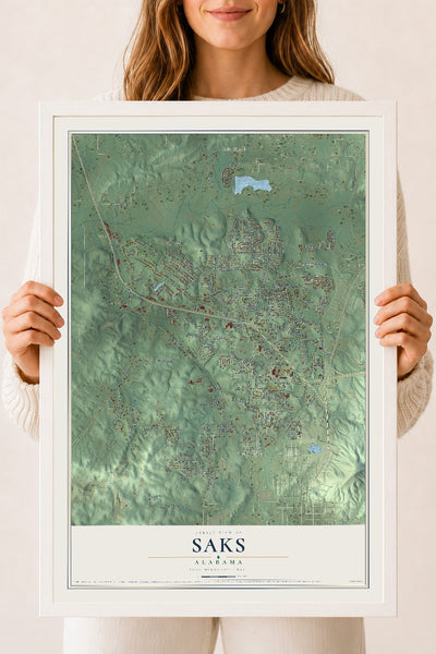 Map of Saks, Alabama, 18 x 24 inch print in a white wood frame