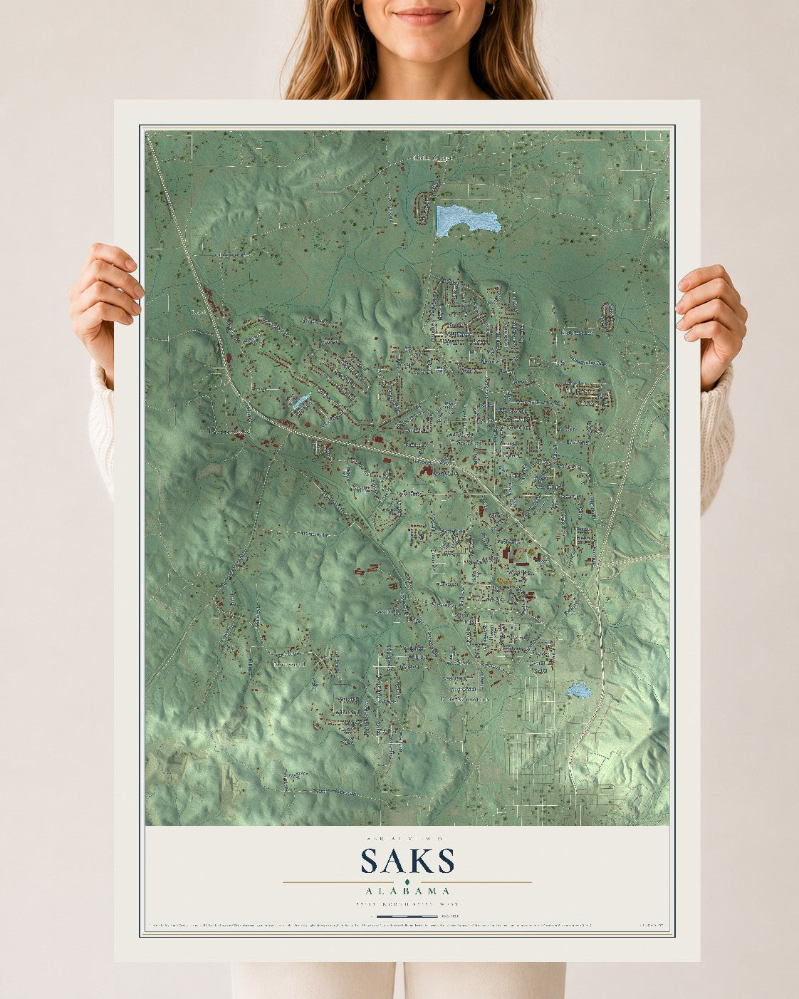 Map of Saks, Alabama, 24 x 36 inch unframed archival matte print